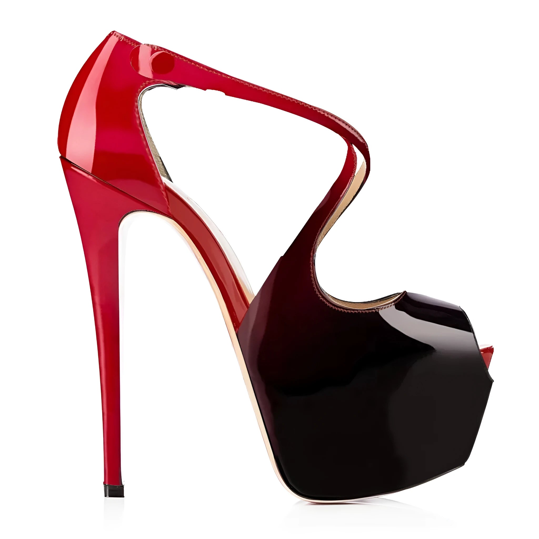 Women's black and red peep toe high heel shoes with a matching cross ankle strap and super high heel.