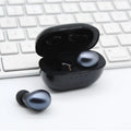 Wireless Bluetooth stereo earbud headset in black colour with bilateral design