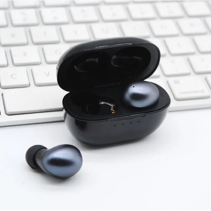 Wireless Bluetooth stereo earbud headset in black colour with bilateral design