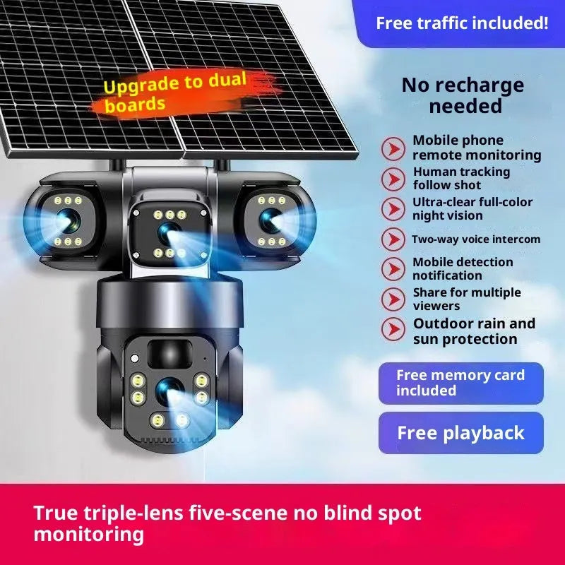 Solar Powered Security Camera No Plug In Required 4MP 1080P Full Colour Night Vision IP66 Waterproof ABS Material 355 Degree Rotation 90 Degree Tilt TF Card Cloud Storage Light Load Gimbal Outdoor Surveillance