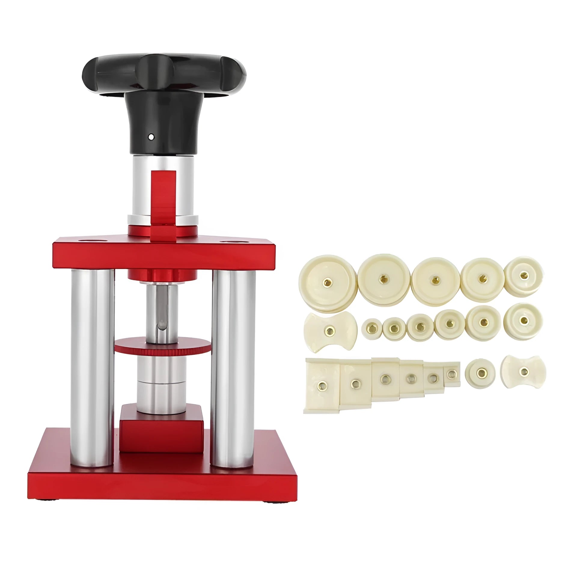 Watch spiral cap presser repair tool with set of 20 plastic moulds for back cover pressing