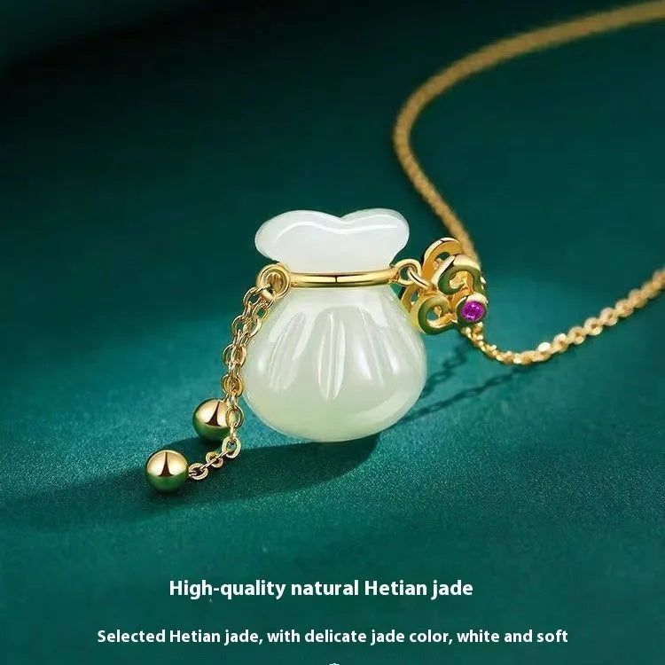 Silver plated money bag pendant necklace with red dot tassel purse on alloy chain, national style lucky bag charm