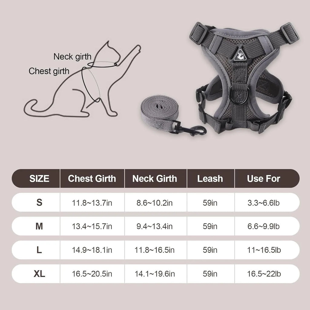 Grey adjustable cat chest harness and leash made from soft mesh with reflective strips.