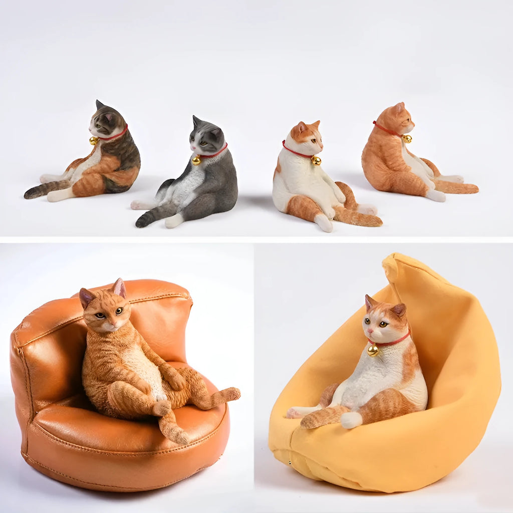 Small lazy cat car ornament with fabric sofa, 75mm high dashboard decoration.