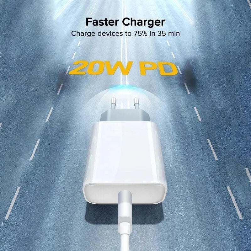 White 20W PD charger with Type-C interface showing international socket compatibility