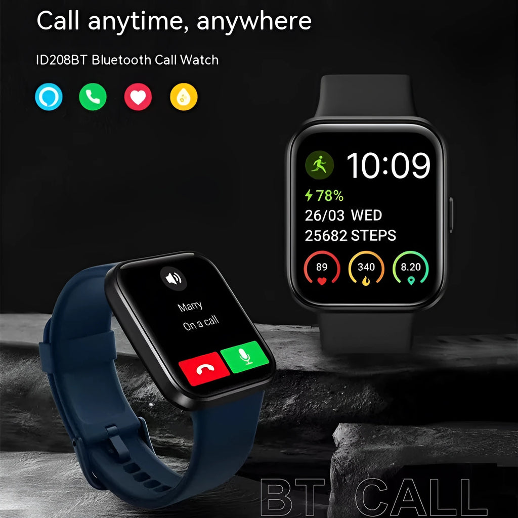 Voice call smart watch with IPS touch screen showing health metrics display in black colour option