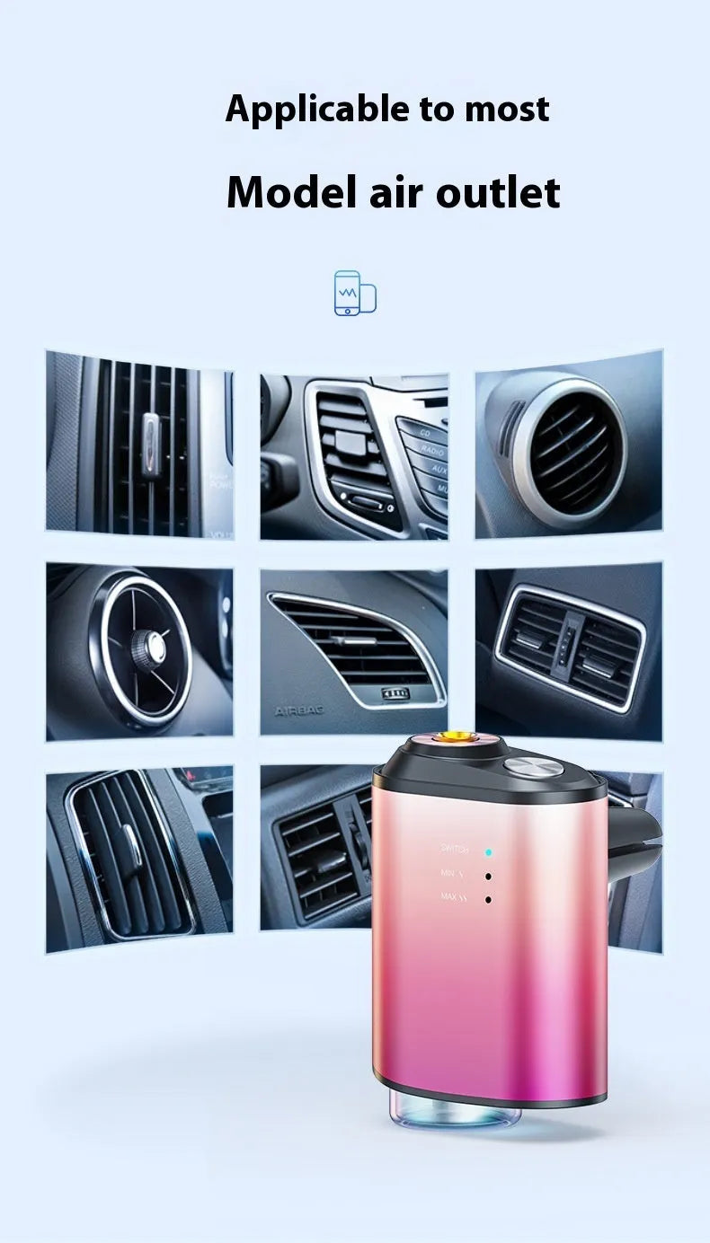 Black car aromatherapy smart fragrance diffuser with ocean scent bottle next to it