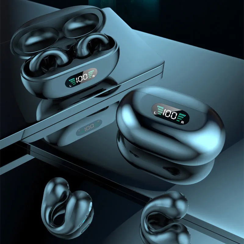 Bone conduction Bluetooth headset clip in black, white, or khaki with ear clip design