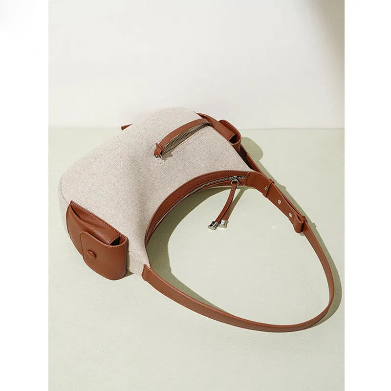Women's genuine leather messenger bag in Linen Black with horizontal square shape and contrast stitching