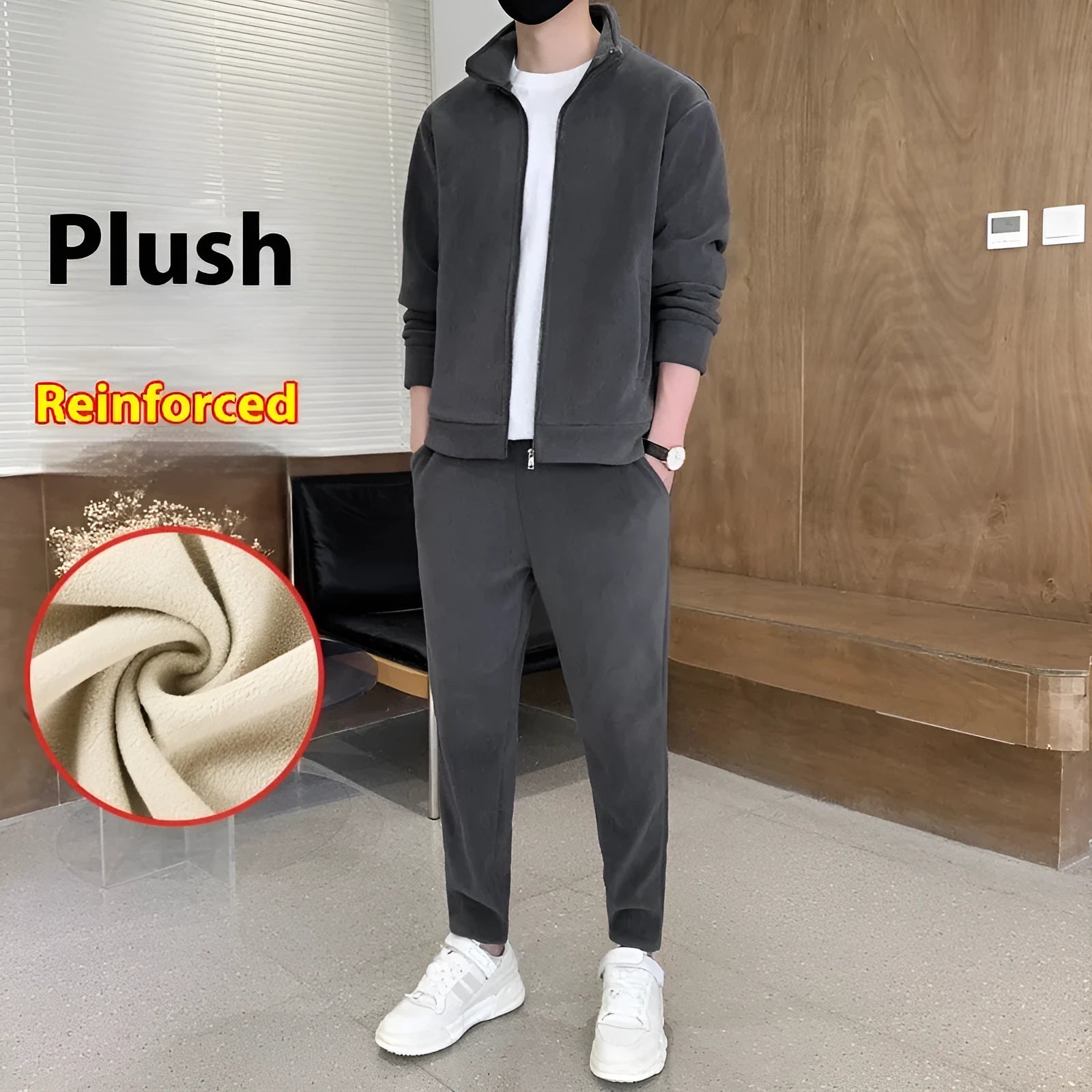 Men's sports leisure warm cardigan suit with long sleeve coat and trousers in gray, with shoulder bag