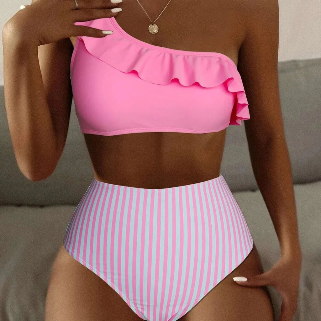 Women's striped solid colour split bikini swimsuit in multiple colours like army green and lavender purple.