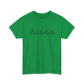 Green short-sleeve cotton T-shirt with an all-over printed letter design.