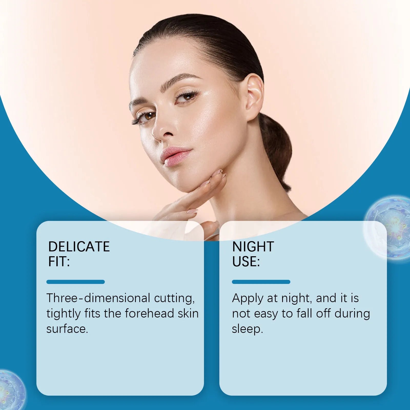 Pack of 5 forehead skincare patches on non-woven fabric with moisturising ingredients