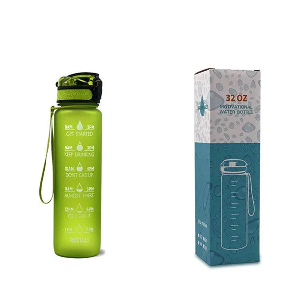 1L Tritan sports water bottle with time markers and flip-top lid in blue-red gradient colour