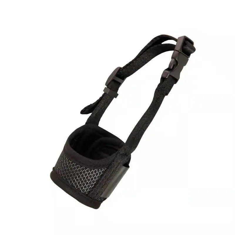 Breathable mesh dog muzzle with nylon straps, plastic fittings, and metal, shown in black, red, green, or pink, sizes XS to XXL