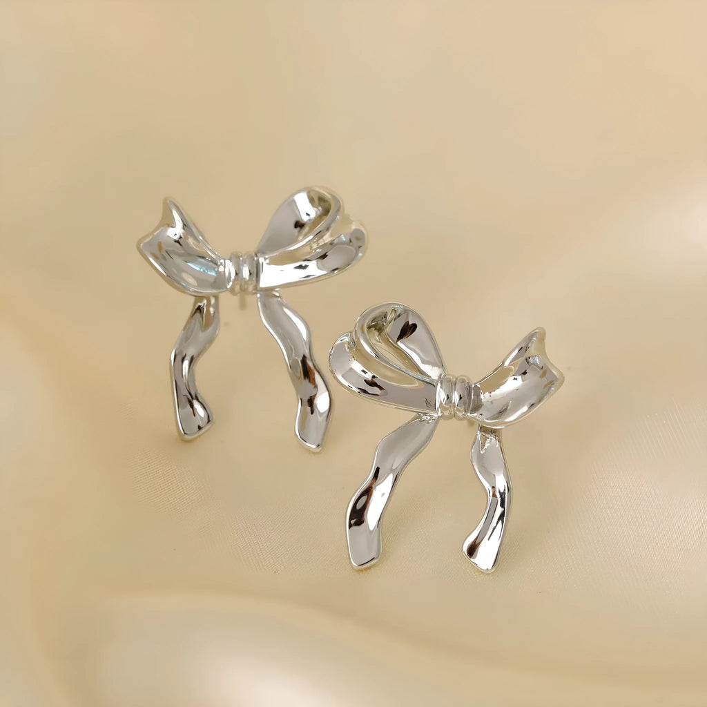 Silver bow copper earrings set with ear clip and ear buckle for women