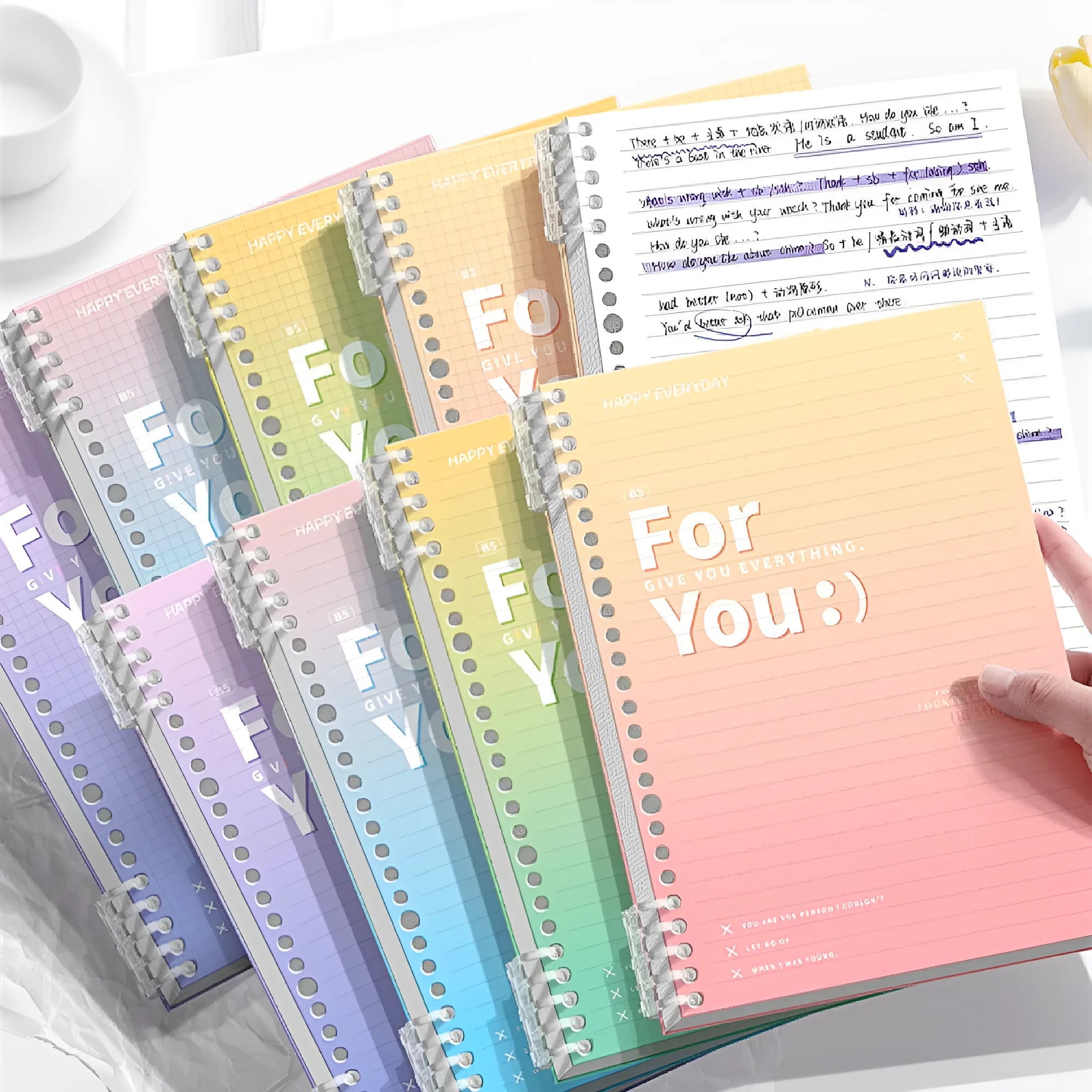 Removable coil gradient notebook with PP cover in green, blue, pink, and purple colour options