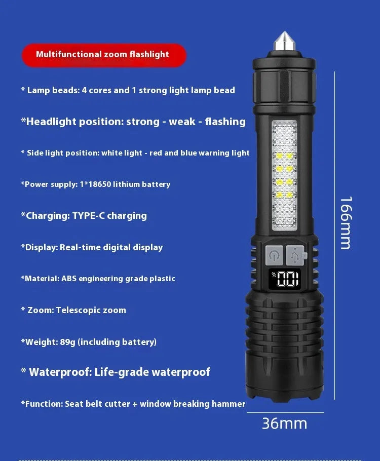 SJ004 rechargeable outdoor flashlight with white laser light, ABS body, zoom function, and three variant options.