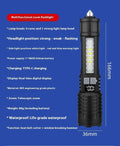 SJ004 rechargeable outdoor flashlight with white laser light, ABS body, zoom function, and three variant options.