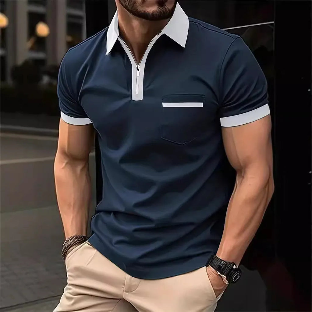 Men's loose fit short sleeve casual shirt with chest pocket and zipper detail in a two-tone colour.
