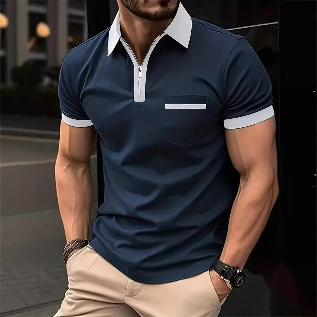 Men's loose fit short sleeve casual shirt with chest pocket and zipper detail in a two-tone colour.