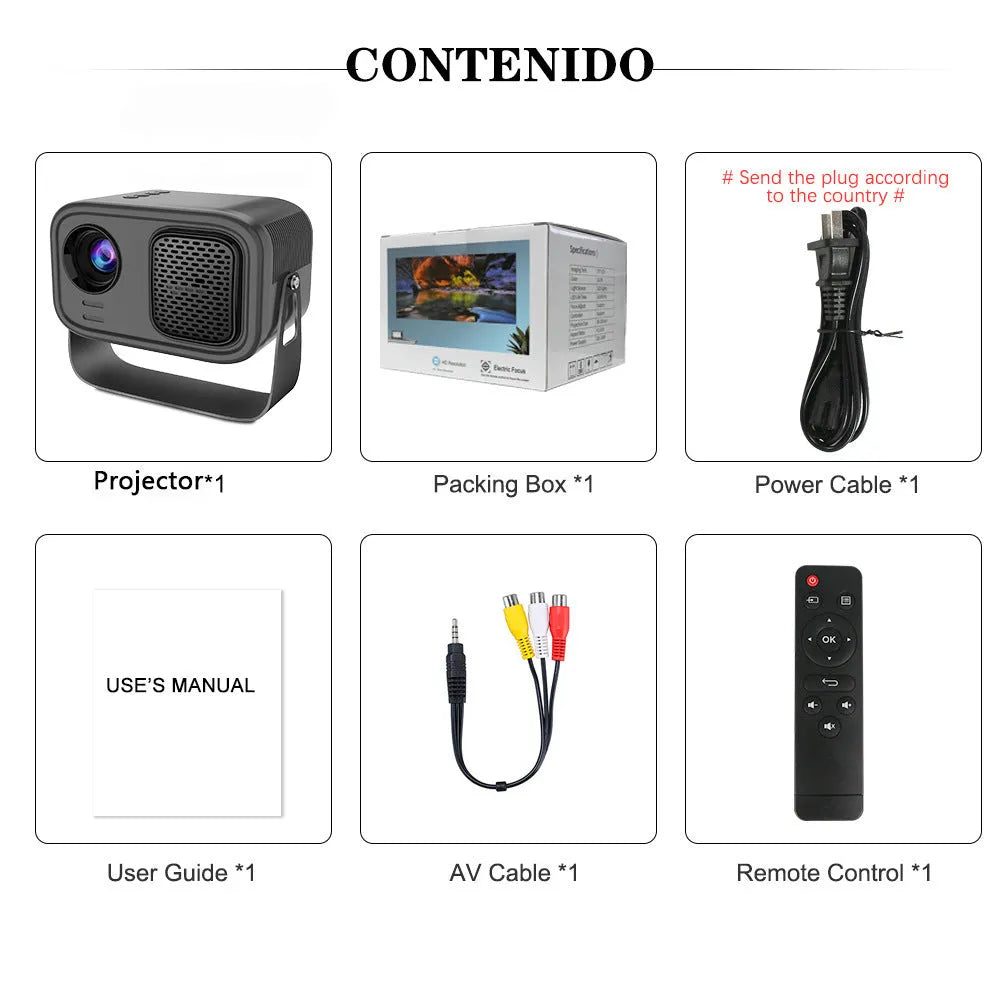 Black portable HD projector with remote control for home office use