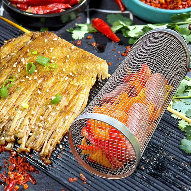 Cylindrical iron wire rolling barbecue grilling basket with a metal hook.