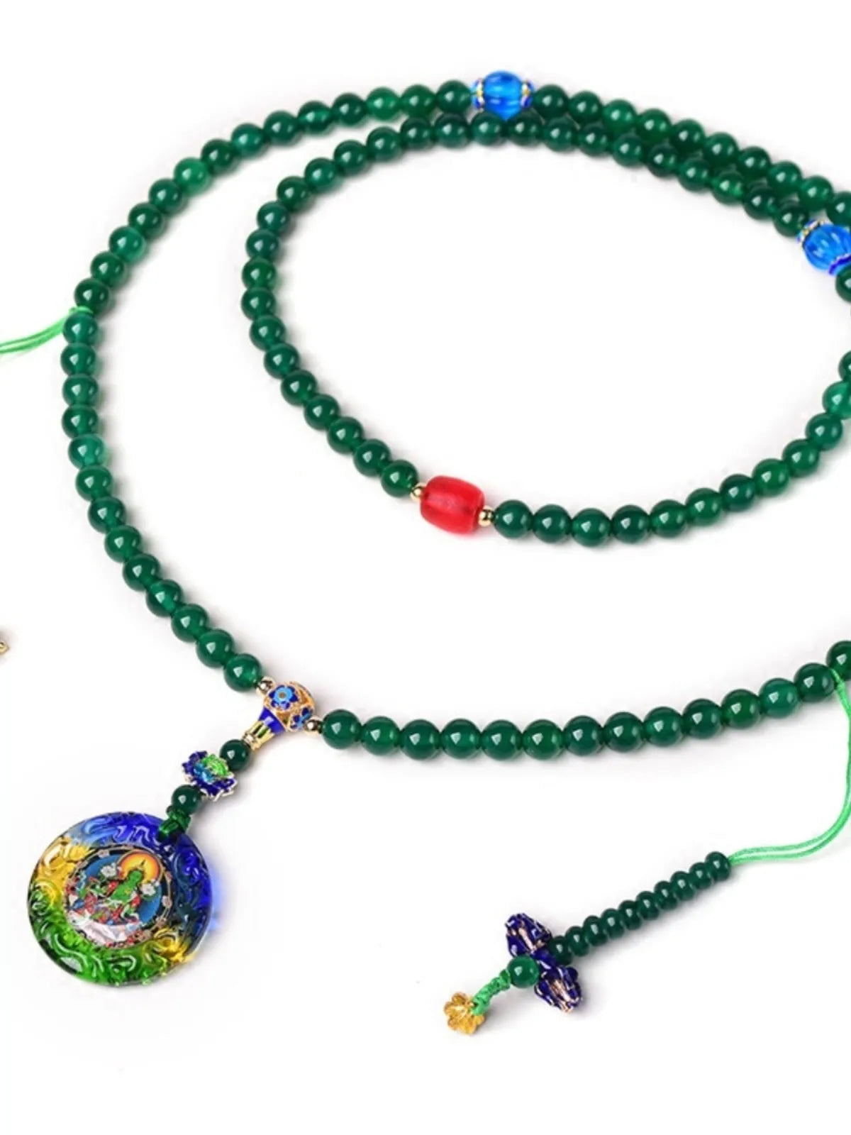 Natural green agate 108 bead bracelet with thangka pendant, worn as a multi-loop unisex accessory.