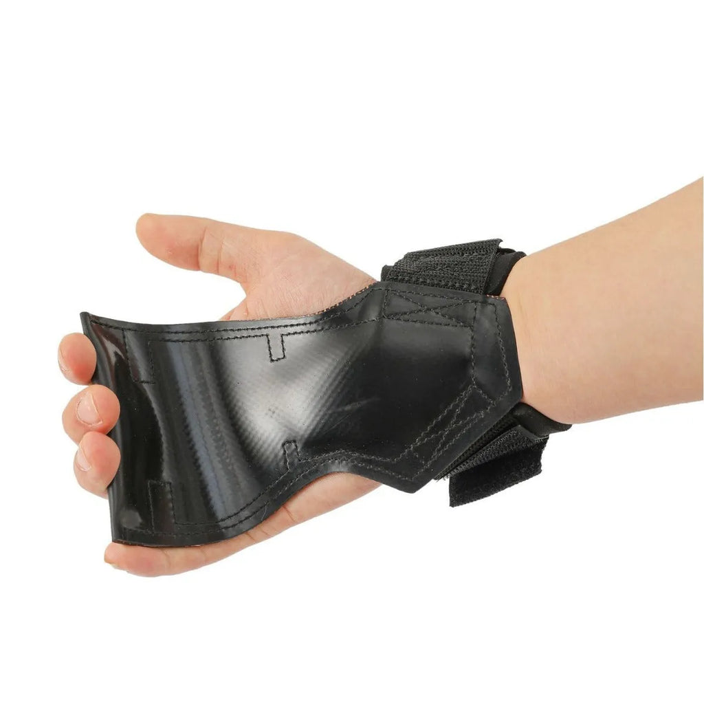 Black rubber non-slip weightlifting palm protection strap for barbell exercises and rock climbing.