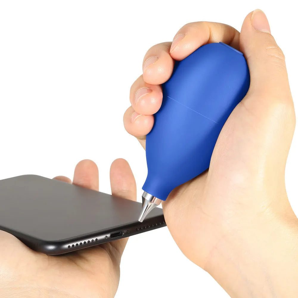 Blue rubber manual air blower dust removal tool for cleaning camera lenses and mobile phones.