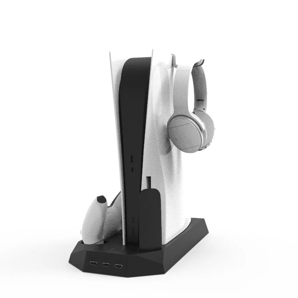 PS5 charging station with integrated cooling radiator in black colour showing controller charging ports