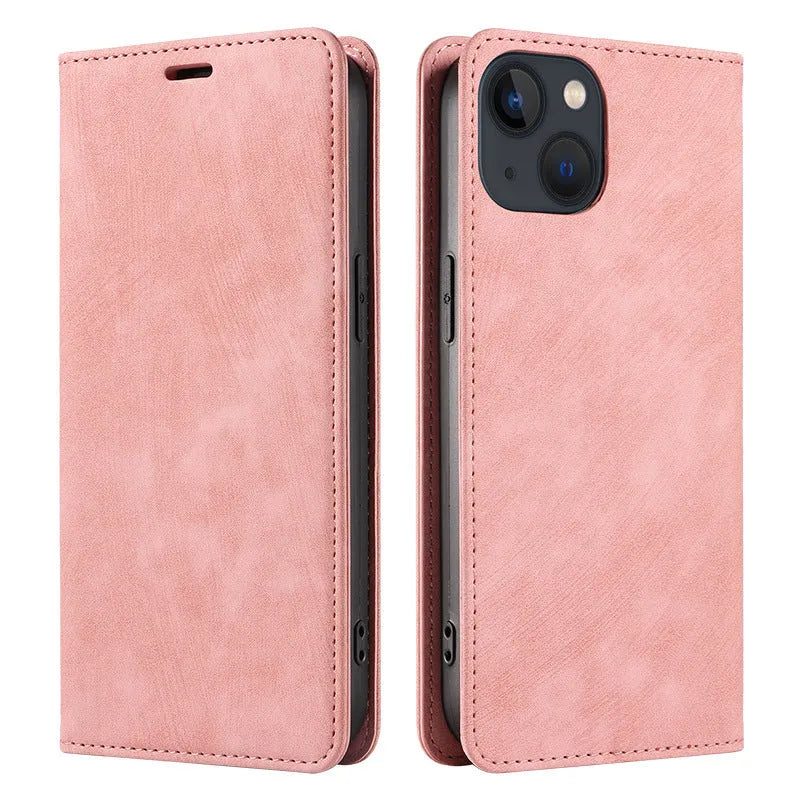 Magnetic flip leather phone case for iPhone in various solid colours, showing front and closed views.