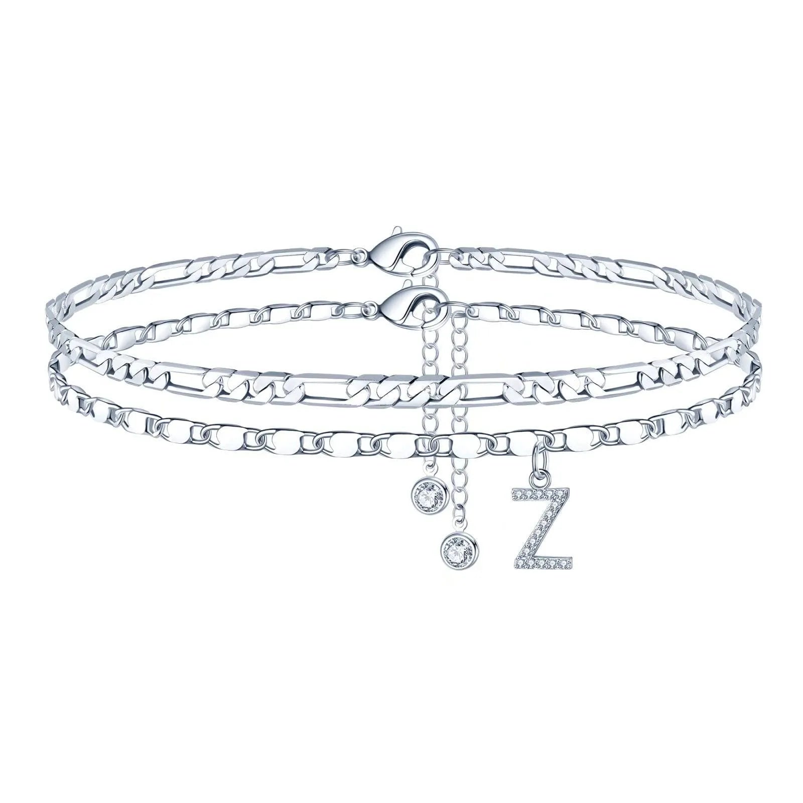 Copper double-circle bead anklet with letter options on silver-colour chain