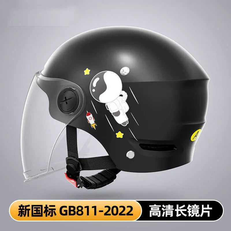 Khaki coloured motorcycle half-helmet for adults with integrated tinted glasses on a stand.