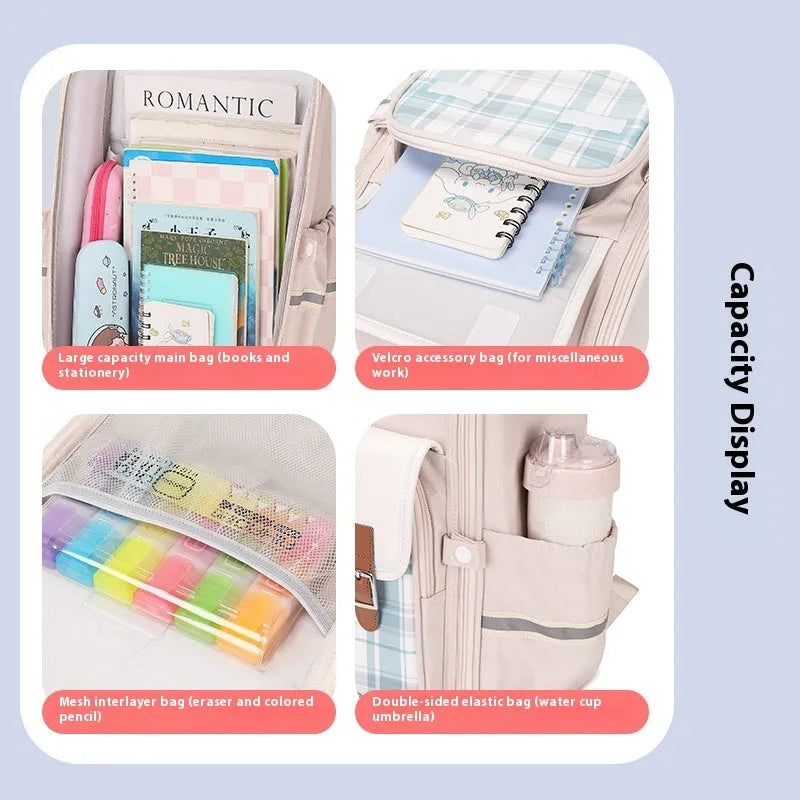 Lightweight Oxford cloth student schoolbag in modern style for Grade 5-6, shown in beige colour.