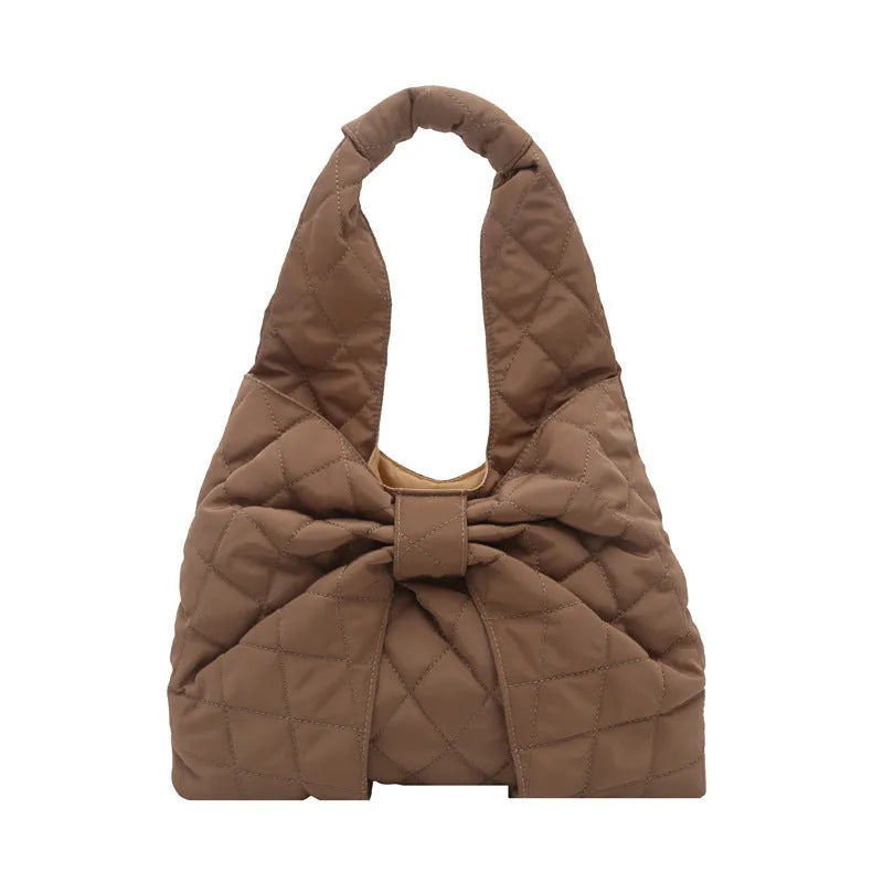 Women's one shoulder handbag in cotton with polyester lining, soft horizontal square shape, zipper change bag, shown in white black khaki pink