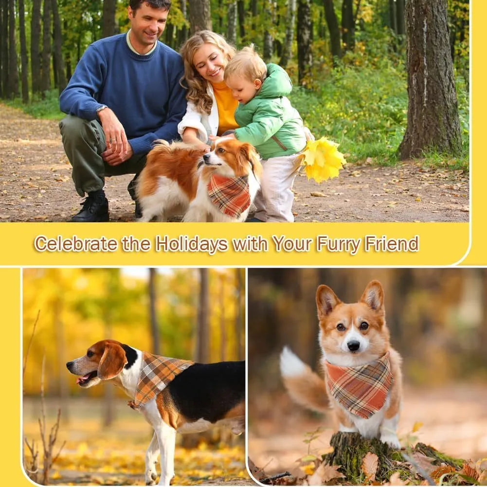 Classic plaid dog bandana with tassel edges in autumn colours of brown, green, orange, red, yellow.