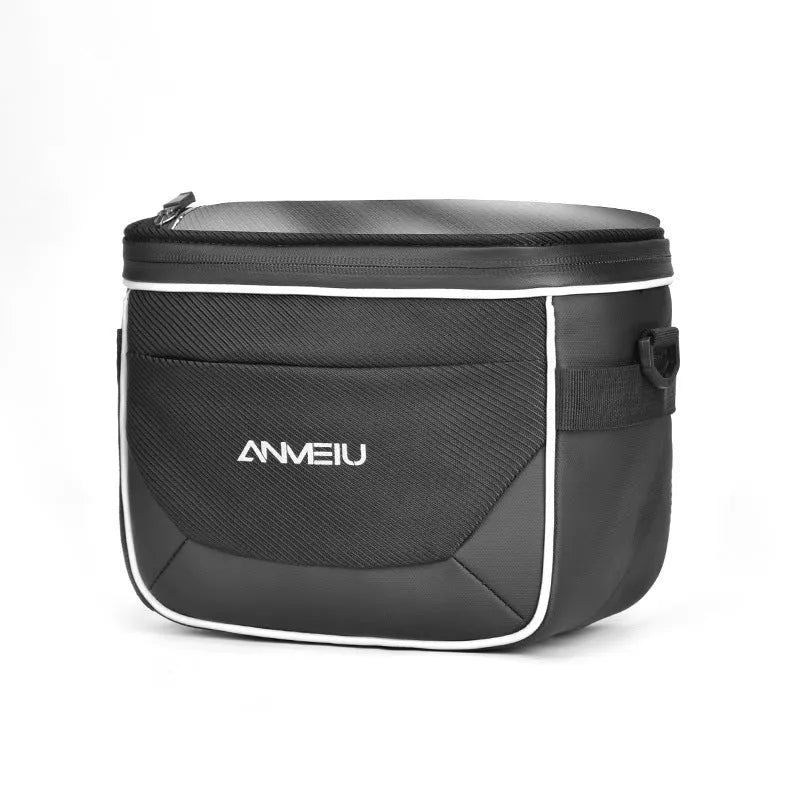Black 7-inch polyester bicycle handlebar bag with mounting straps.