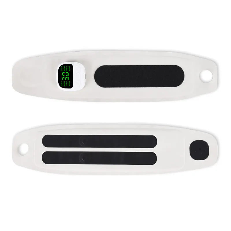 Adjustable hand massage instrument with multi-mode wireless control and coloured wristbands on a table.