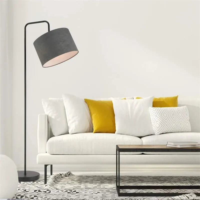 Black fabric shade LED floor lamp with iron body and adjustable head for reading or study use