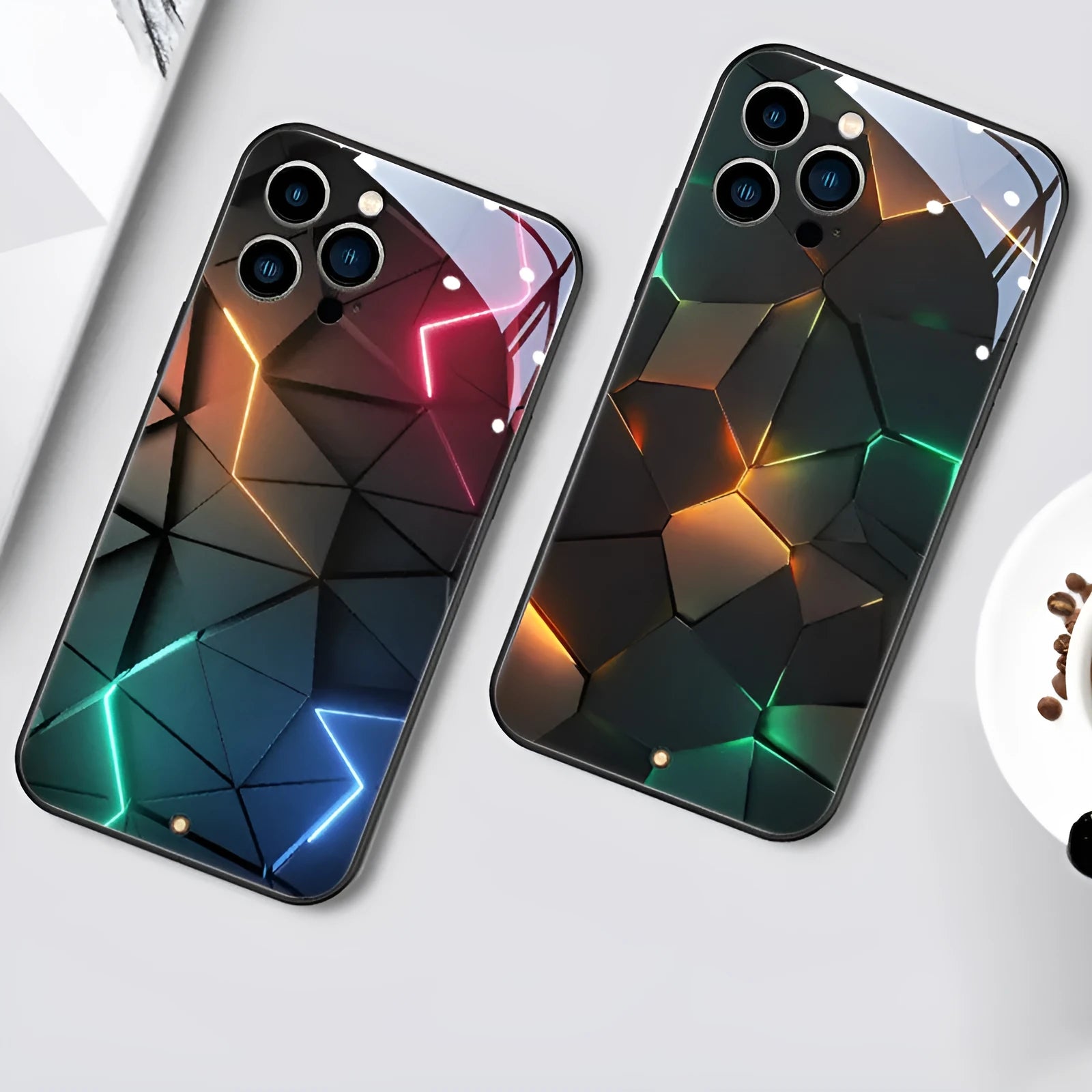 Xpress 14 tempered glass iPhone case with LED light-up diamond pattern on a dark background.