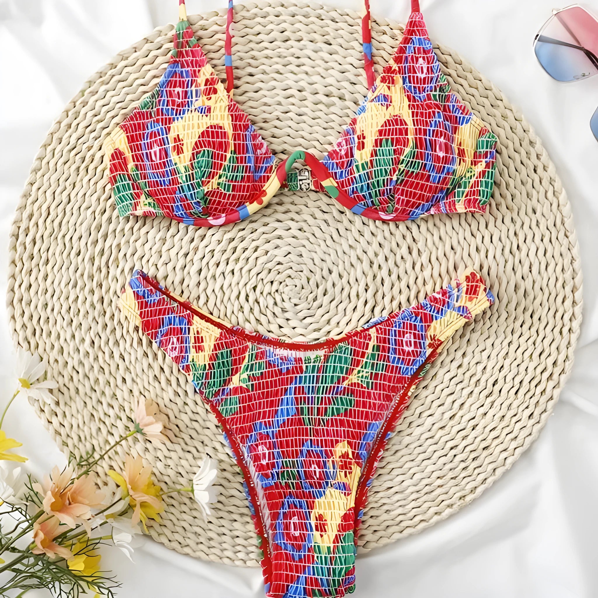 Red floral pattern women's underwire triangle bikini with briefs bottoms
