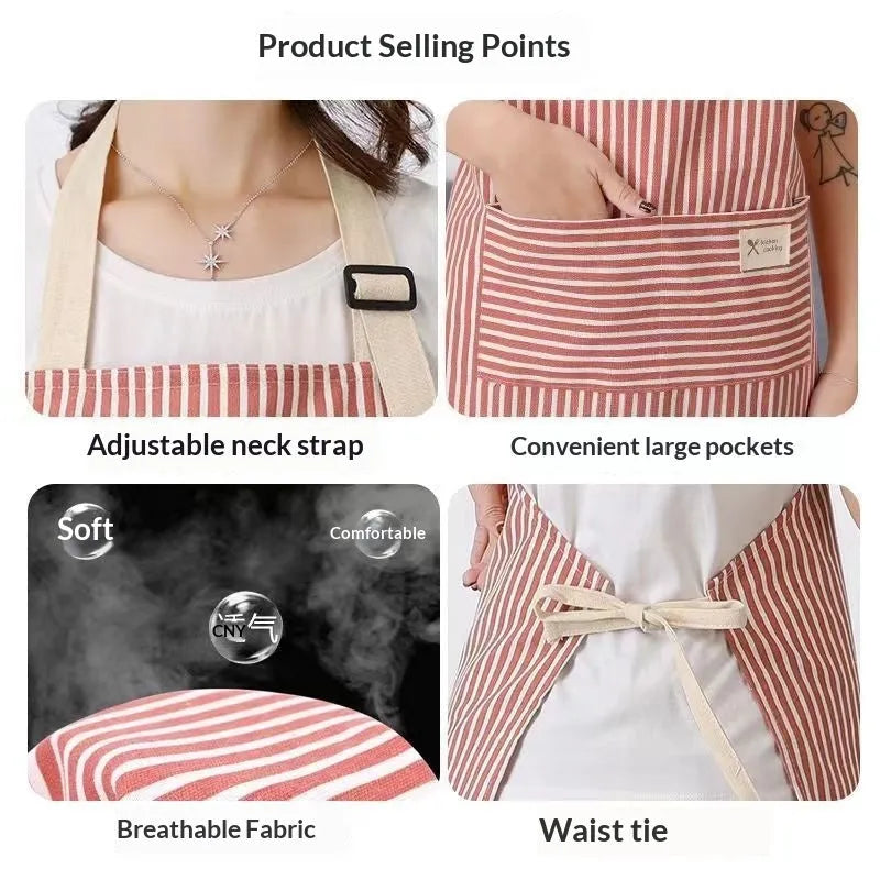 Linen stripe apron in green, one size, anti-stain kitchen apron for household chores