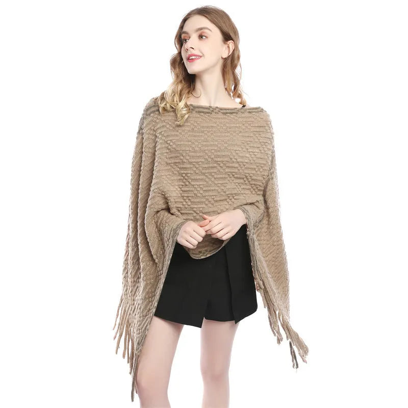 Women's loose fit fringed dotted pullover sweater in acrylic knit, shown in gray colour option
