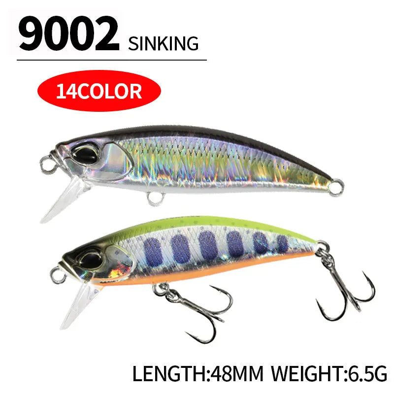 Japanese submerged minnow fishing lure in assorted colours, 48mm long.