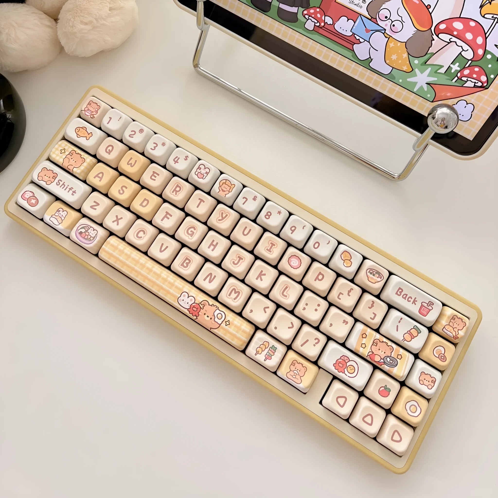Rabbit Bear Restaurant themed PBT keycap set with EOA height profile, showing 140 colourful keycaps with sublimated designs.