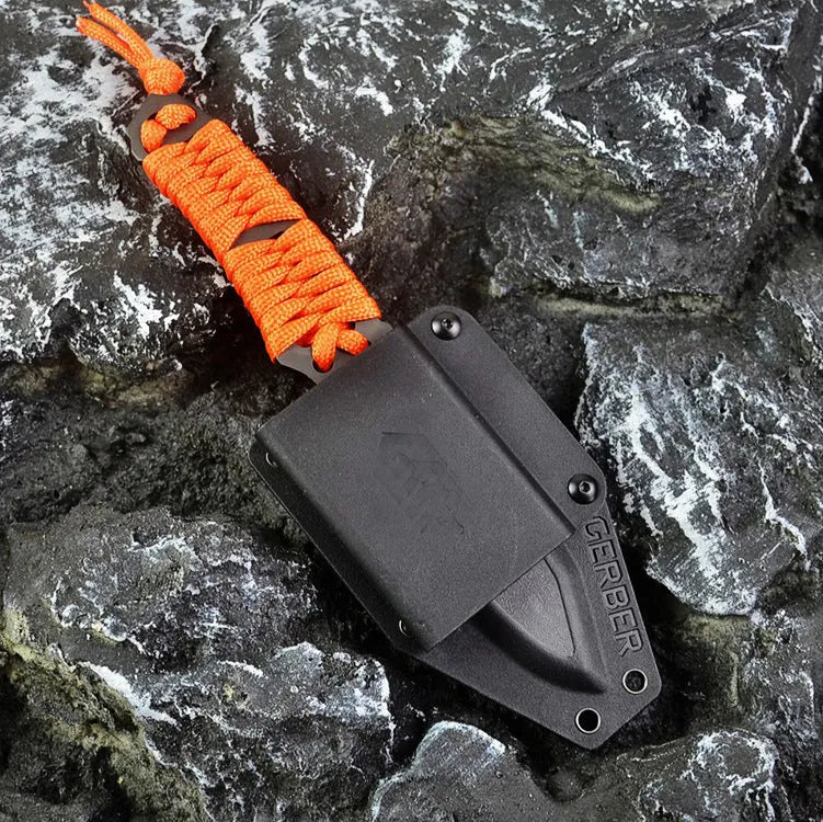 BG197 outdoor camping knife with a straight blade, rope handle, and black ABS plastic sheath.