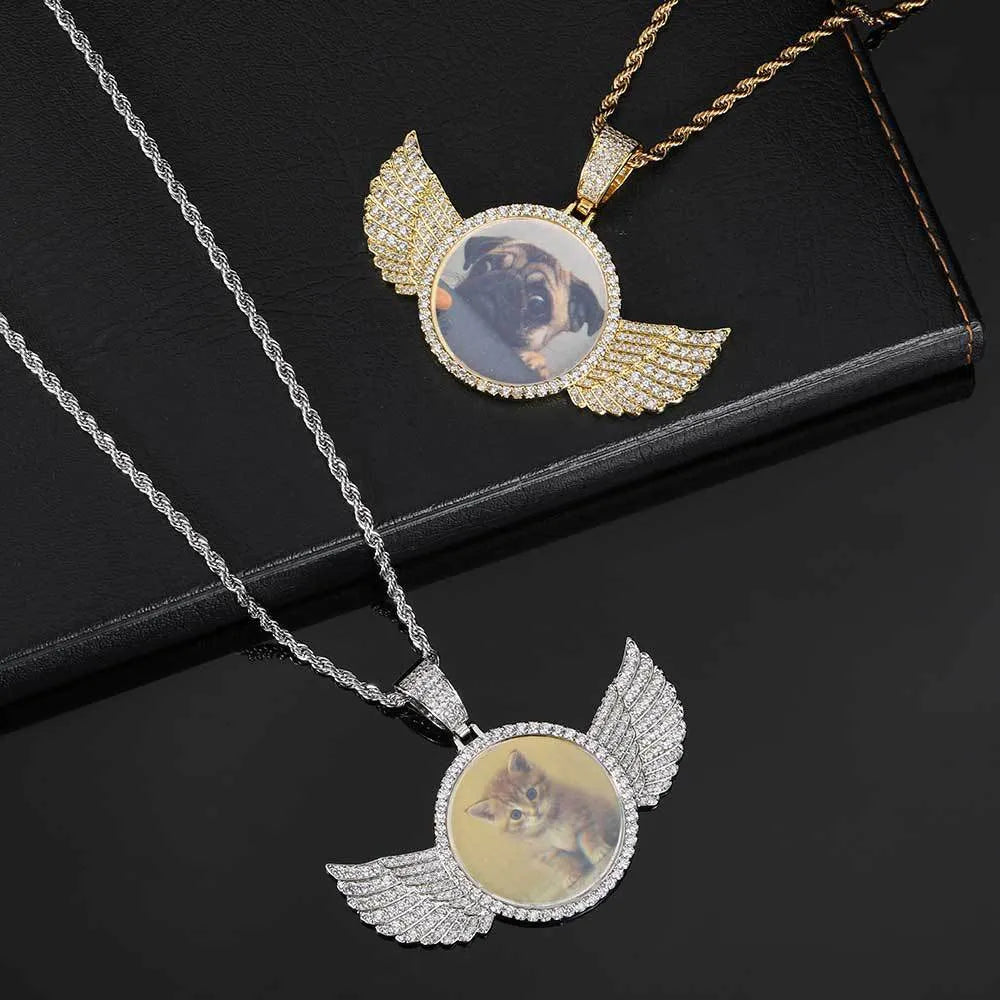 Custom photo angel wings pendant necklace, copper and zircon medallion 68mm x 53mm x 3mm with twist or tennis chain