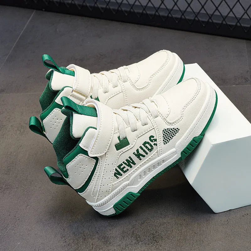 Children's buckle fastening street sneakers in beige green, available in sizes 28-39