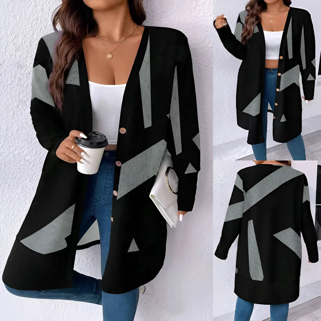 Black plus size loose fit cardigan coat with button stitching and printed details in Japanese Korean style